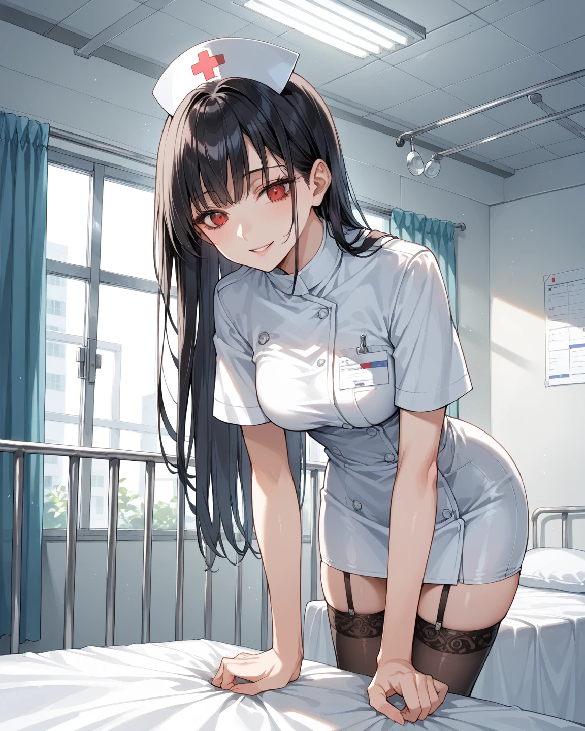 （（best qualtiy））， （（tmasterpiece））， （（Realistis））， （A detailed）， （realisticlying：1.5），REX,（Yi female nurse），Bird Chart，Extremely detailed eyes and perfect face,beautiful detailed glow,Wearing a nurse's hat，long and flowing hair，Floating,(fully body photo),Panorama Figures，Full body photo，Sleeping mech nurse girl，Put on your mech combat suit，shorter pants，short  skirt，White Siwa,mechasuit，Sleep in a hospital bed，The body is plugged in with a wire in the charge，There are drops in the potion bottle，Lifting needles，In the infusion，17 yr old，Wearing a medical auscultation instrument，Sexy sleeping position，Seductive pose,dynamicposes，Dynamic shots，Show off your sexy figure，Show off sexy long legs，Can't believe it's so beautiful，Alloy medical cuirass,He had a lot of bandages around his waist，Medical bandages bind wounds，She wears sexy lace nurse trousers，Wearing pink Gundam lace nurse pajamas，brown  hair,Semi-mechanical pajamas，Nurse hat，black lence stockings，Sexy mecha medical machine set,Latex full body tights，Black silk big breasts，There are also a lot of medical surgical props and medicines neatly placed next to it，Huge cross medicine chest next to it，In a bed in a hospital operating room，，8K original，（Luminous Particle：1.4），（VerydetailedCG，Unity 8k壁纸，3D，cinmatic lighting，lens flare glow），Reflectors，Sharp focus，Cyberpunk art of a，Cyberpunk Building