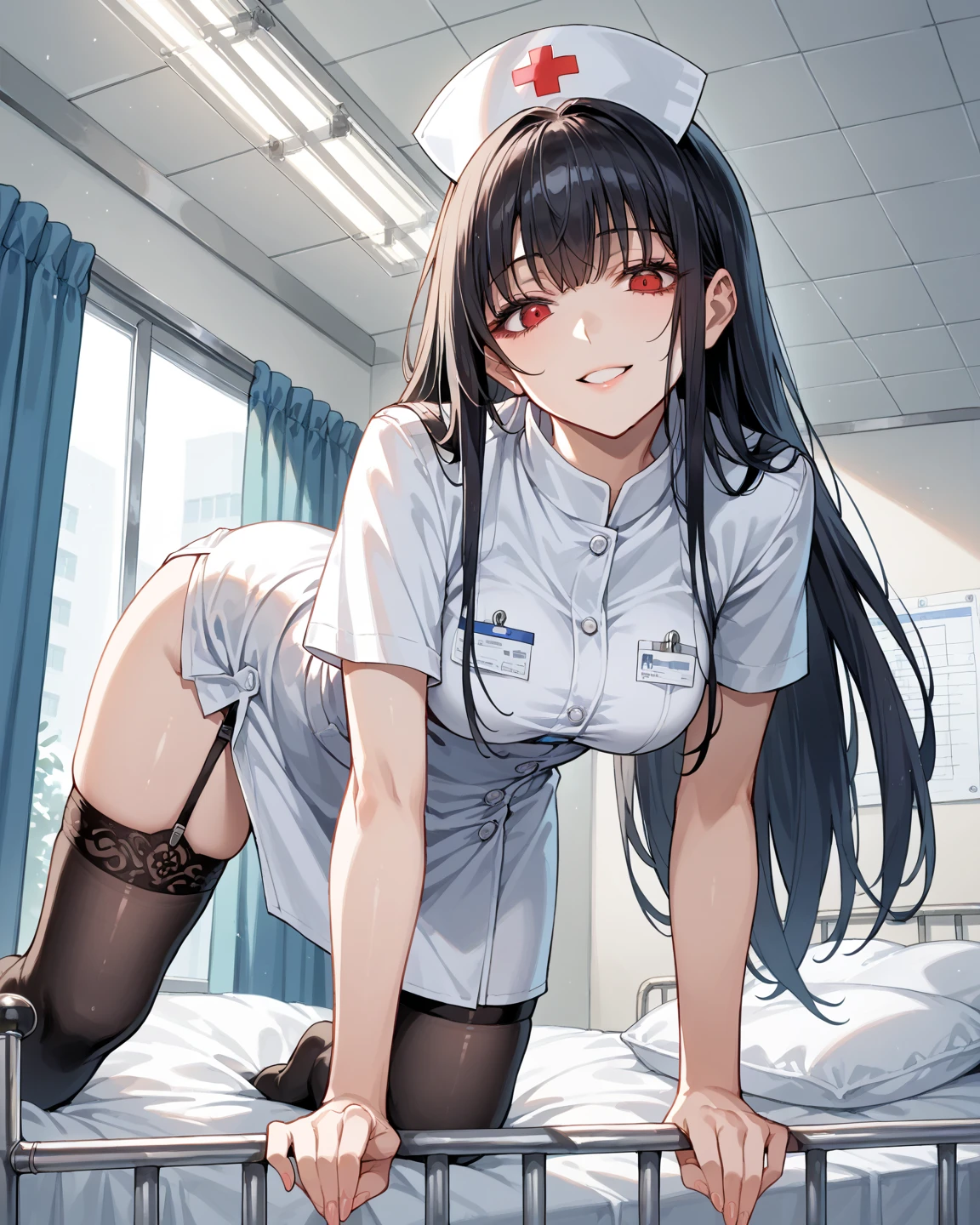 ((masterpiece)),((best quality)),ultra-detailed,illustratio,Explicit,Beautiful body,Beautiful Nose,Beautiful character design,perfect eyes,perfect face,wallpaper,ultra highres,4K,photography,(Beautiful,normal breasts:1.2),(beautiful face:1.2),beautiful legs,perfect legs,shiny skin,official style,official art,nsfw,sanime screencap,anime coloring,
1girl,solo,black hair,long hair,brown eyes,ponytail,nurse,nurse cap,breasts,hat,blush,thighhighs,wristwatch,clipboard,short sleeves,looking at viewer,hair between eyes,sidelocks,name tag,bangs,collarbone,solo focus,holding,bed,bed sheet,dress,closed mouth,sweatdrop,white thighhighs,thermometer,on bed,shirt,(full body:1.5),<lora:Kitano san:0.7>