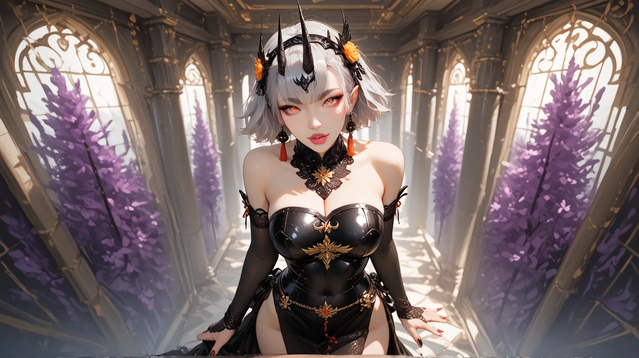 (((nsfw:1.0)))，Large Breasts，Small waist，(From above:1.3),(From the side:0.8), ((face)), (close:0.9),8k, 4K, highest quality, (High resolution: 1.2), (amazing, Realistic, Photorealistic: 1.4), 18 year old girl、Beautiful face, She is smiling、(masterpiece, highest quality), Beautiful woman, Wizard Bikini Armor, gloves, Thigh-high boots, Wavy long hair, Asymmetrical bangs, Perfect face, Beautiful face, Charm, Big and beautiful eyes, strict, Perfect slim fit body, Mysterious Forest, Excellent lighting, Bright colors,Tight waist,(With sparkling eyes and a contagious smile), Very sexy pose",Her thin pubic hair, View Viewer,Gray Hair,(((Bitch、Gal、BitchGal、 sexy、thin、Slender body、Model Body Type、Heavy makeup, GAL Makeup)))、