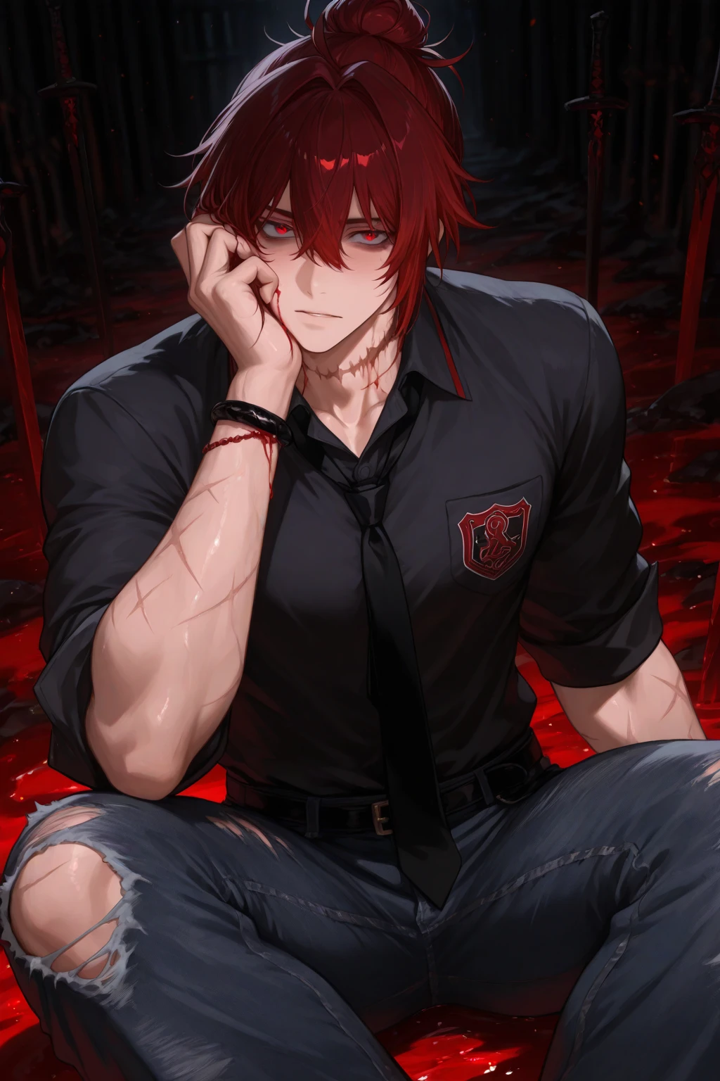(masterpiece, best quality, high quality), 1young man, ((not impressed)), sitting, looking at the viewer, red hair, (long hair, disheveled hair), yellow eyes, :(, hair ponytail, black and red clothes, blood, sinister background
