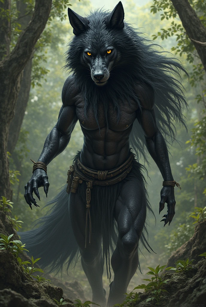 Beautiful werewolf, dark skin and black hair with hazel eyes with scars, in human transformation (as in twilight)