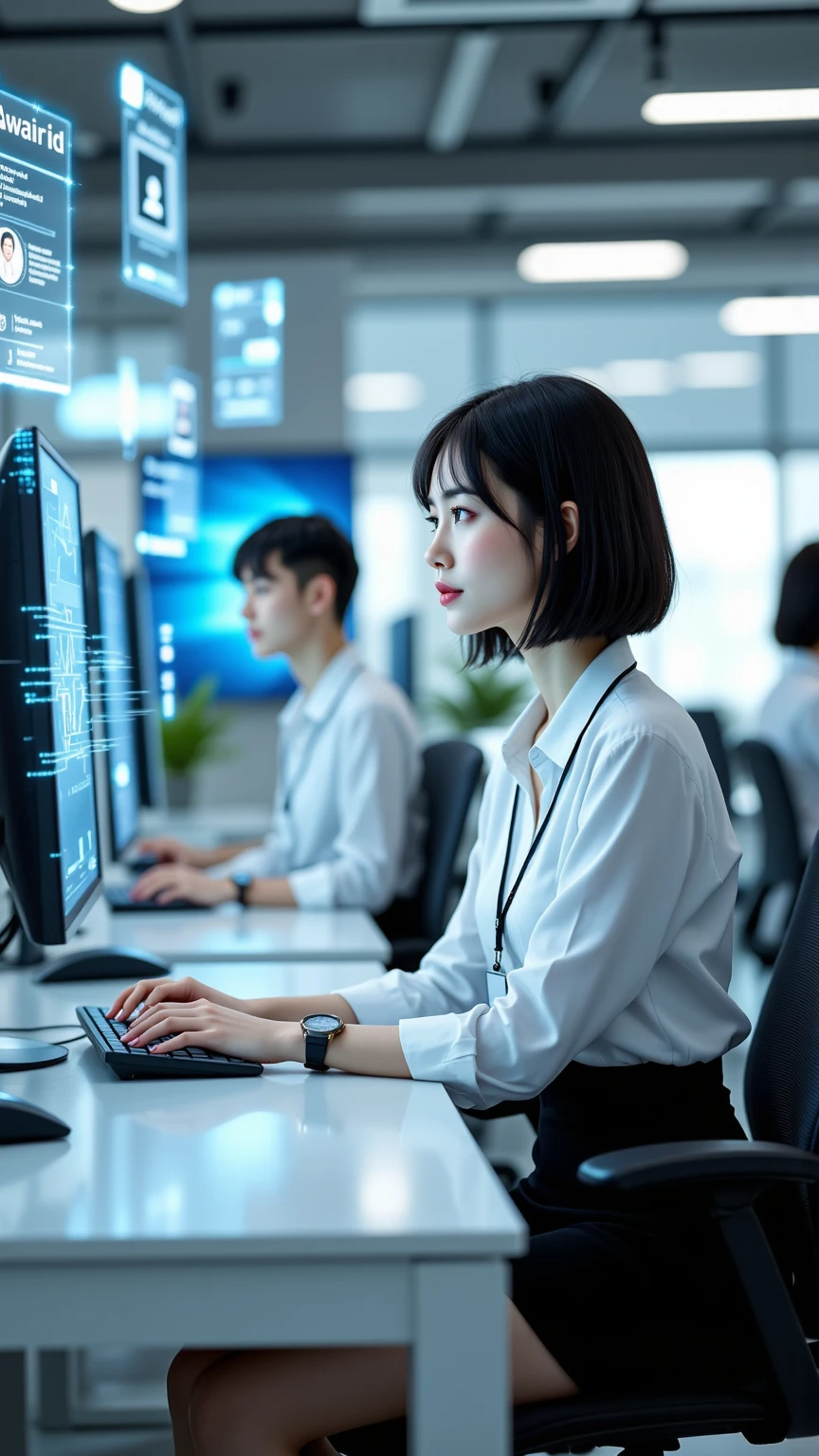 masterpiece、top quality、detailed expressions、Balanced composition that makes use of white space、8K、Very realistic、anatomically accurate hands and fingers、Balanced Proportions、avatar of an office worker woman sitting on a chair and working at a desk in a virtual space office、Motivational and lively expression、An avatar of an office worker woman working at a desk in a virtual space with a hologram showing an ID displayed above the employee's head、Virtual keyboard hologram on desk、multi-hologram on accounting document screen displayed multiple times in space instead of display、Japanese、Black Haired Bob Cut、white long sleeve shirt shining from above、hanging her ID pass from her neck、Leather Band Watch、black tight skirt、black pantyhose、black heels、Office room background with other employee avatars doing similar desk work、realistic but virtual spatial expression、Bright atmosphere of the future just a little bit ahead