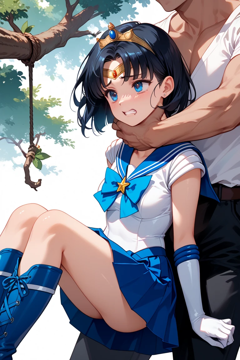 (((Sailor Mars))), Black long hair, Red elbow pads White long gloves, (Sailor Warriors Sailor Warriorsのコスチューム:1.479), (The leotard is white:1.7), The collar and chest ribbon of the sailor uniform are red., The fabric of the clothes is thin. Clothing sticks to the skin, 1Female junior high school students, (blush Patience face), ((Slender figure Beautiful Skin)), Highest quality, High resolution, masterpiece, (Beautiful vagina Beautiful clitoris), (With a 30-year-old black mafia man, penis:1.4), Complete limbs, (Mating press:1.2), ((((penis enters vagina)))), (Beautiful crotch), A beautiful girl spreads her legs., ((Binding, Restrained by rope:1.4)), Sailor Warriors fuck a guy fully clothed, (((Very cute small face)))