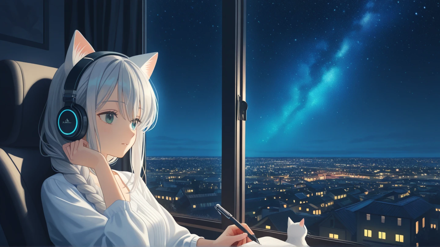 Scenery White long hair happy Nekogirl (two neko ears and white fox tail), black oversized colored shirt Off-the-shoulder, watching out of a window thoughtful, sunset, high amount of rainbow sunflare and lensflare, lots of colors, clouds. Lateral view from outside the window, face invested from colors and light, easy likes