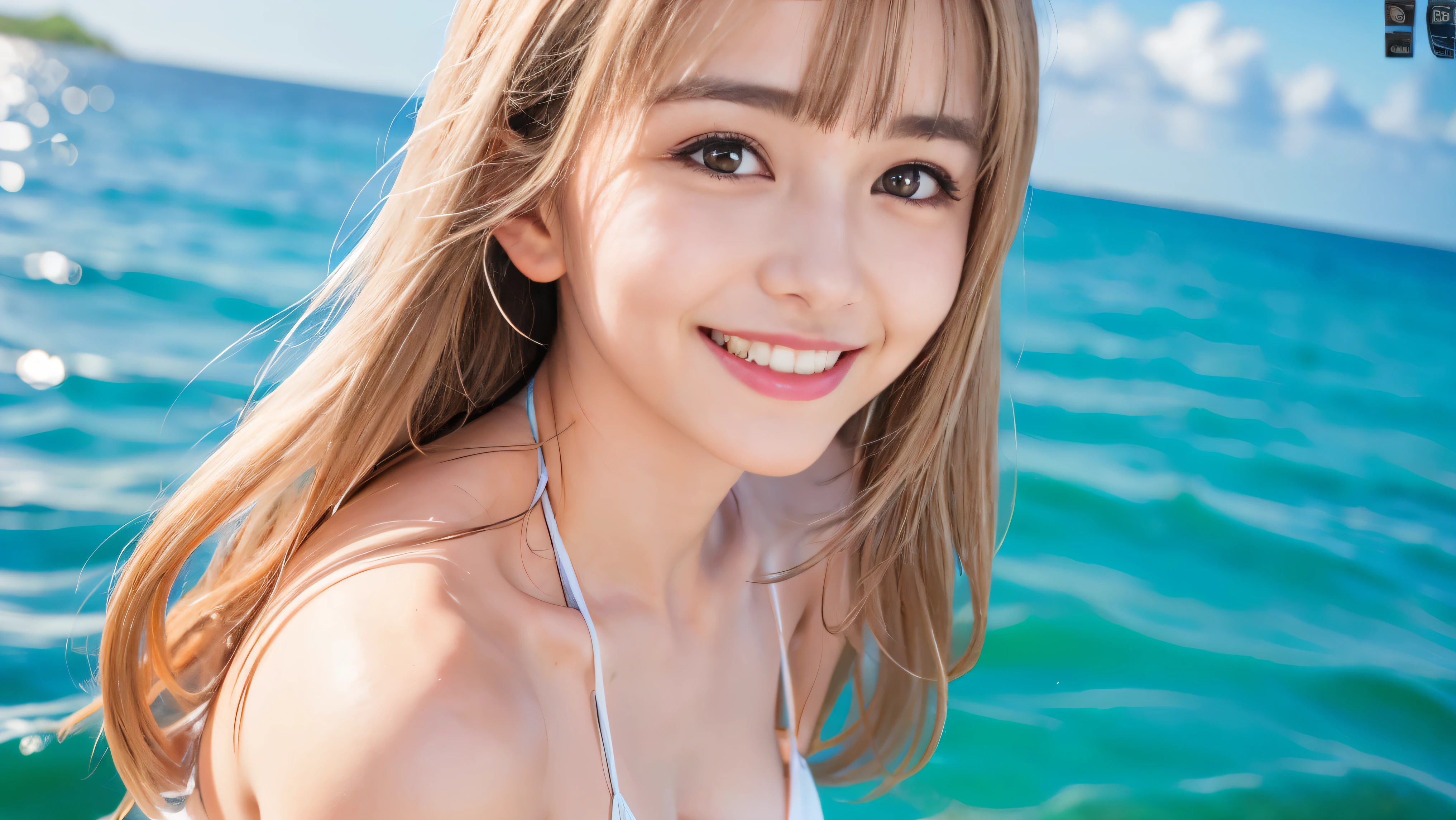 One girl,  Small breasts,, (8k, RAW Photos, highest quality, masterpiece:1.2),(Realistic, photo-Realistic:1.37),Very delicate and beautiful,8k,In detail,Beautiful fine details,highest quality,Ultra-high resolution,((Very detailed)),(photo-Realistic:1.37),(((Short Shorthair)))、((double eyelid))、right eye:((Mole on outer corner of eye))、((Narrow waist))、(slender)、((Tear bags))、((Ocean))、Swim ring、Small area micro bikini、Various gravure poses、(((Blonde)))、smile、