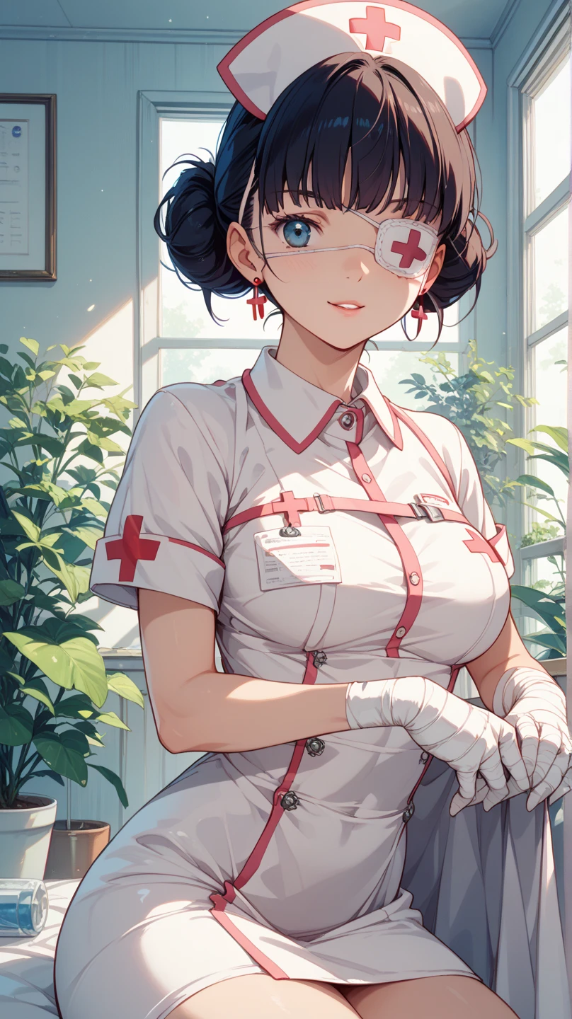 1lady solo nurse, sitting on bench, /(nurse uniform/), /(short hair/), blush kind smile, (masterpiece best quality:1.3) delicate illustration ultra-detailed, large breasts BREAK /(garden in front of hospital/)