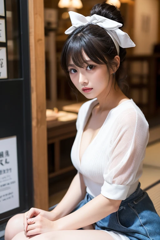Ultra-high resolution,(reality: 1.4),Highest quality, masterpiece, Attention to detail, 16K quality, beautiful, 1 beautiful girl,Japanese,super beautiful face,Baby Face,Japanese idol face,Cute Face,Highly detailed face,Detailed hands,beautiful skin,Sweaty skin,Big eyes,smile,Professional Lighting,ponytail, Black Hair,brown beautiful eyes, White shirt, Open button,Cleavage,Check skirt,((Sitting with your knees up)),(Skirt Lift),(((Showing panties:1.3))),White panties,Spread your legs,Medium chest,Black knee-high socks,She is looking at the camera,Skyscraper rooftop,blue sky,Browsing Caution,from the front,