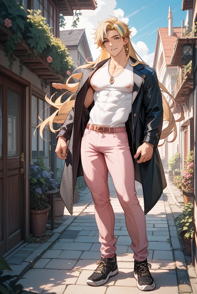 a young man, goatee facial hair, smirk, long blond hair, fundoshi