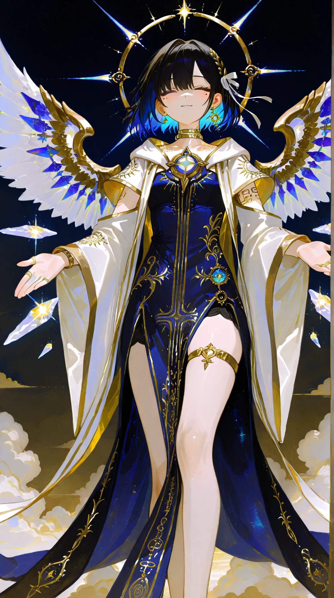 Qian Renxue, Young woman, goddess, six wings, Golden wings, angel wings, long blonde hair, open forehead, crown forehead jewelry, crown on back of head, The eyes are detailed., light blue eyes, big breasts, light purple dress, golden chest armor, silver forearm armor, Golden Divine Sword standing, Perfect Body, Beautiful thighs,solid frontal armor, high-heels, realistically, sky, An expressionless expression., Standing, view, blur, see the whole body