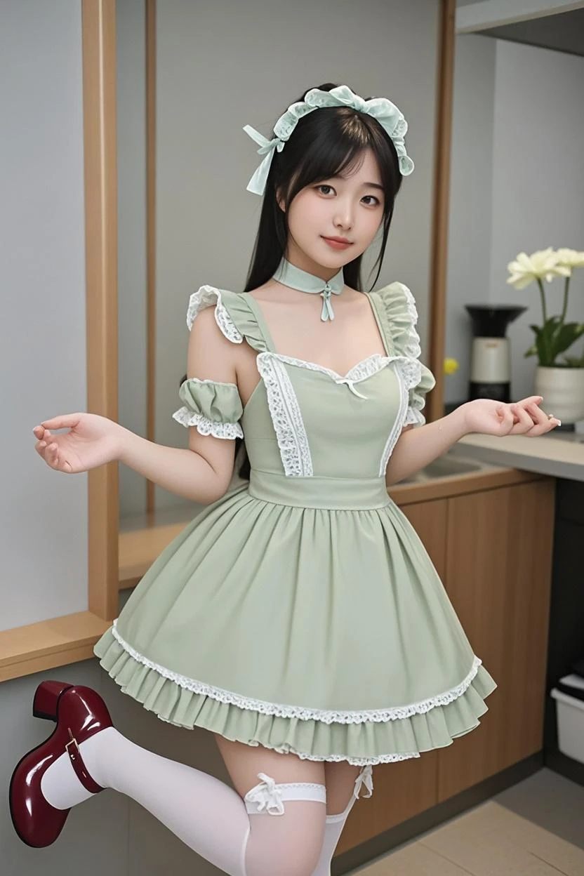 ((top quality, 8k, masterpiece: 1.3)), women (maid, full body portrait, standing facing straight ahead, smiling, wearing dark green maid clothes, ruffled headbands, big breasts), indoors, luxury apartment kitchen, overhead camera, sharp focus: 1.2, cute women: 1.4, ((black hair, bob cut, shiny hair)), highly detailed face and skin and hair texture, detailed eyes, Double eyelids, white skin, beautiful legs, beautiful delicate nose, cute young Japan woman, dynamic angle, while exuding happy emotions characterized by calm tones and contrasting mixes of light and shadow, while emphasizing the subject's hair, eyes, mouth and action, it is a composition pleasing to the eye and suggestive.
