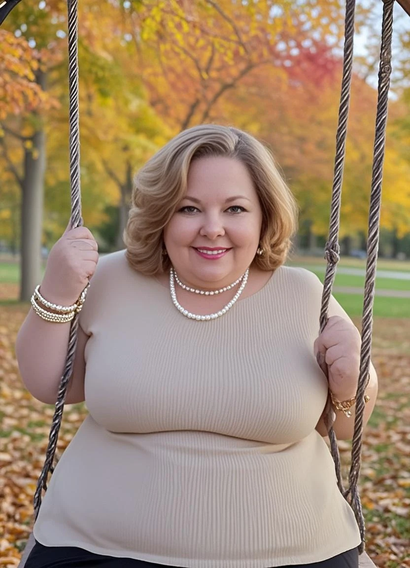 Xyrele, 1girl, solo, 30 years old, (((French face))), (((French nose))), (((French lips))), ((((chubby)))), (((wide hips))), (((blonde hair with a shade))), crinkly medium hair, ((Background: Sitting by the stadium bleachers)), ((upper body and upper legs)), wearing pink Flowy Tunic Top