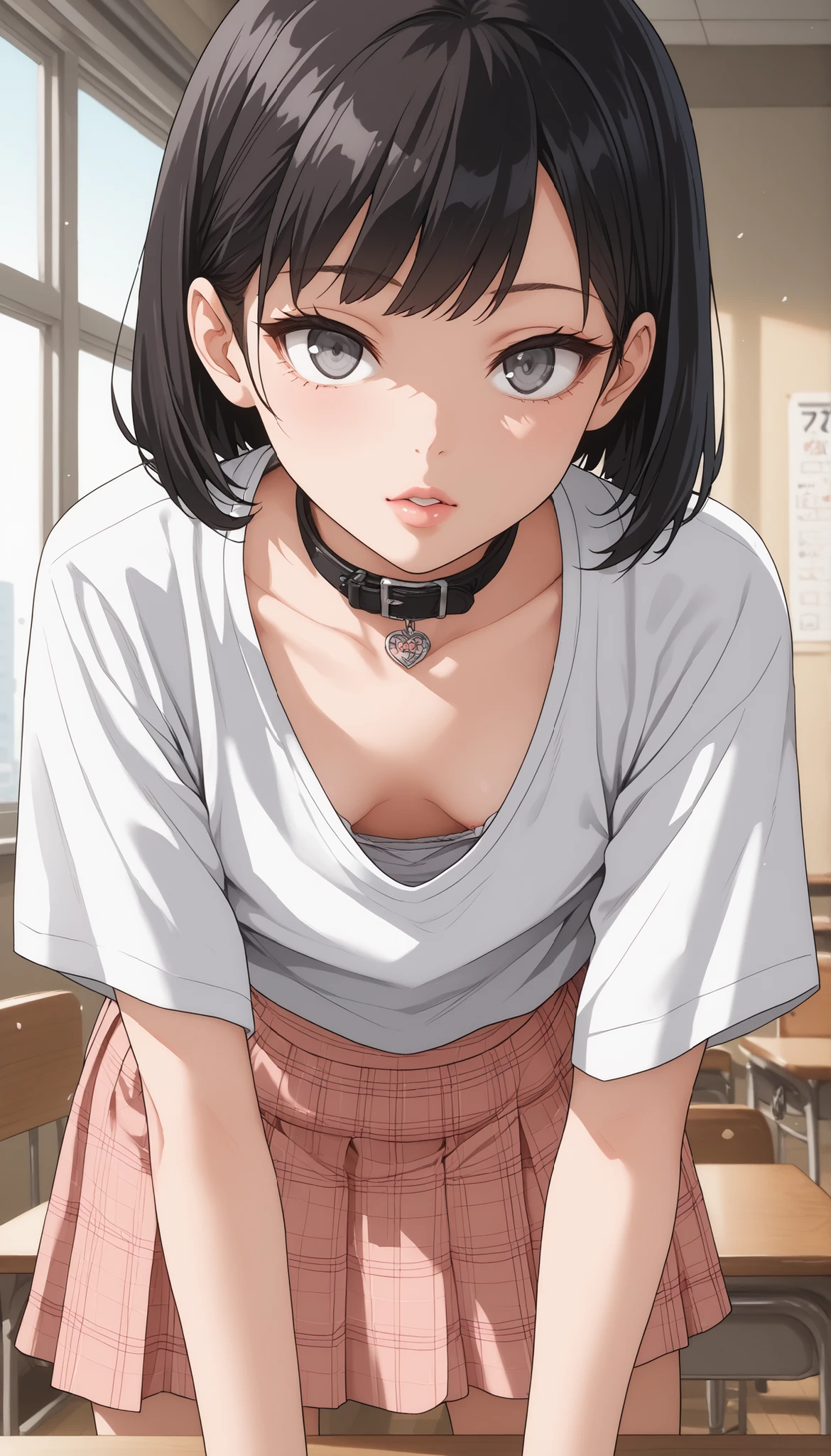 fraction_9, fraction_8_ up, fraction_7_ up, Source_Japanese Manga, (Japanese Manga cong, Japanese Manga screencap:1.2), Flat Color , smooth skin , (Small breasts),(Intensive),, brunette, grey eyes, short hair, with bangs, hollow eyes, lips, grey eyes, bob cut, black eyelashes , lower eyelids
plaid skirt, 条纹bow, bow, White Shirt, long sleeve, put in your shirt, beige skirt,underwear,fancy underwear, underwear模特 ,ä ¡,classroom,,extended Lower your collar, Lower your collar, very good, Pajamas, Bending over , loose clothes, , loose shirt, bend over, collarbone,