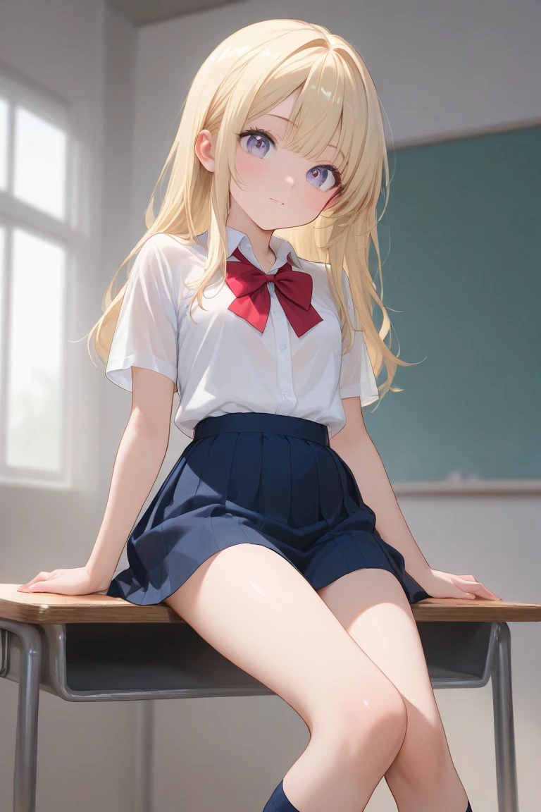 high school girl, In the classroom, Half naked, Grey mini skirt, Blonde, Straddling a man's lower abdomen, Inserting the penis into the vaginal opening, Sperm drips from the vaginal opening, Small breasts, Spread your legs