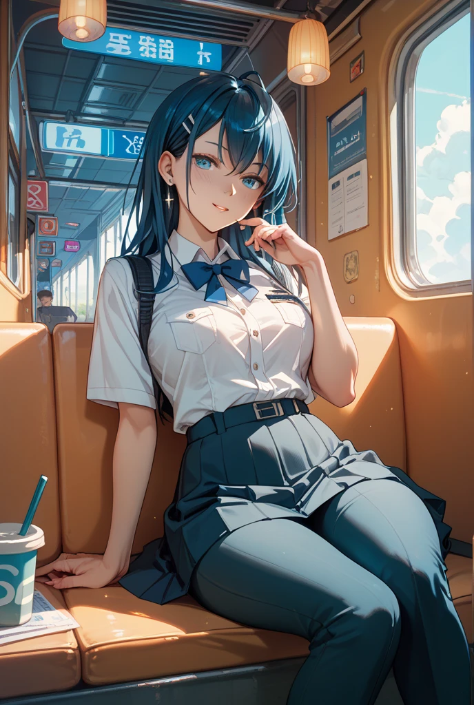 Create an anime-style illustration of a 17-year-old girl named Shizuka. She has long, straight, blue hair with bangs cut straight across her forehead. She has large, almond-shaped silver-blue eyes and porcelain-like white skin. Shizuka often wears glasses.Super big breasts、White shirt、Checked Skirt、Knee-high socks、In the bus