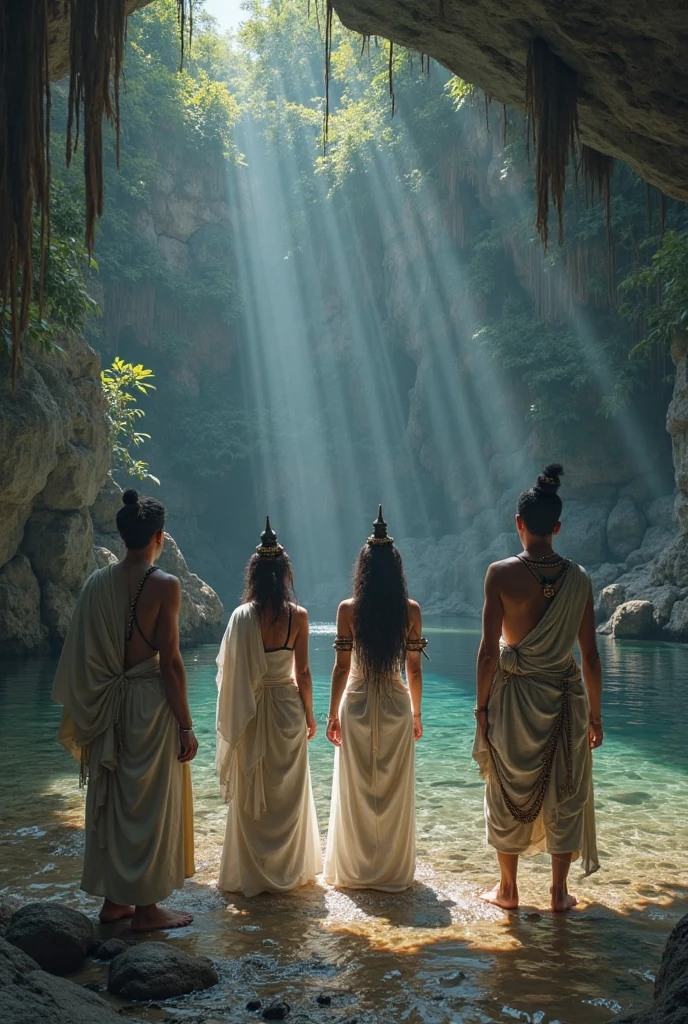 Beautiful young Indian girls crossing a lake with snakes and crocodiles in the jungle