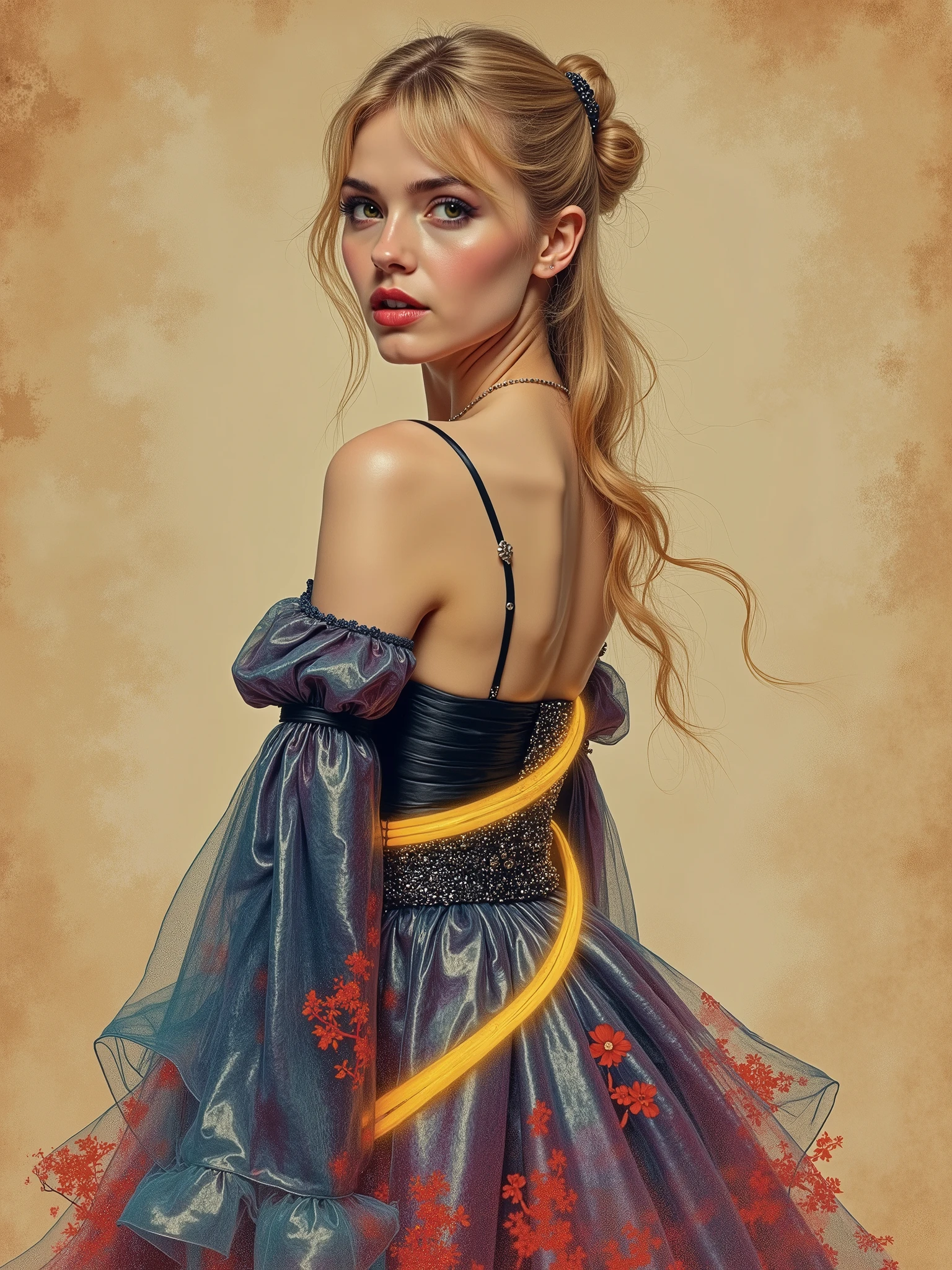 Realistic colored pencil drawing by Jean-Auguste-Dominique Ingres, intricate details, soft lighting, delicate shading, vibrant colors. camera view from above at an angle. dynamic pose, slightly turned head. blonde girl in a wedding dress made of glossy satin silk in Indian style, long sleeves, restrained blue, red and purple tones, complex pattern, elegant flowing shapes, parchment background in rustic style, contrasts of soft textures, warm highlights, artistic presentation, dynamic camera angles, elements of fashionable illustration, high quality of execution, sophistication, inspiration, demonstration of creativity and perfection of design, beautiful composition. a model in a dress created by Konstantin Razumov in the technique of "ink in water" by Alberto Seveso, the silhouette resembles the artistic styles of Eiko Ocala and Tracy Grimwood, soft skin of Tracy Grimwood textures. with a focus on the emotional weight of the moment, in the style of Greg Rutkowski, with dynamic lighting and detailed textures, delicate skin, wide thick hips aesthetics of the female body, vulgar pose, arched back, in 8k resolution, finely detailed clothes. many complex details, high detail, hyperrealism, noir digital style warm color
