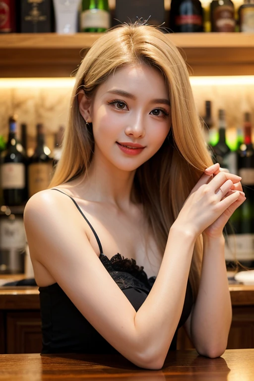 real photo of a asiatique with blond hair, inside a bar, real background, real face