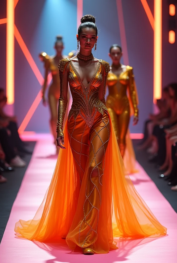 A black woman with braided hair parading down the runway in an orange dress with gold sequins and stones steals color with a slit in her leg and hopefully falling neckline and flowing silk cape