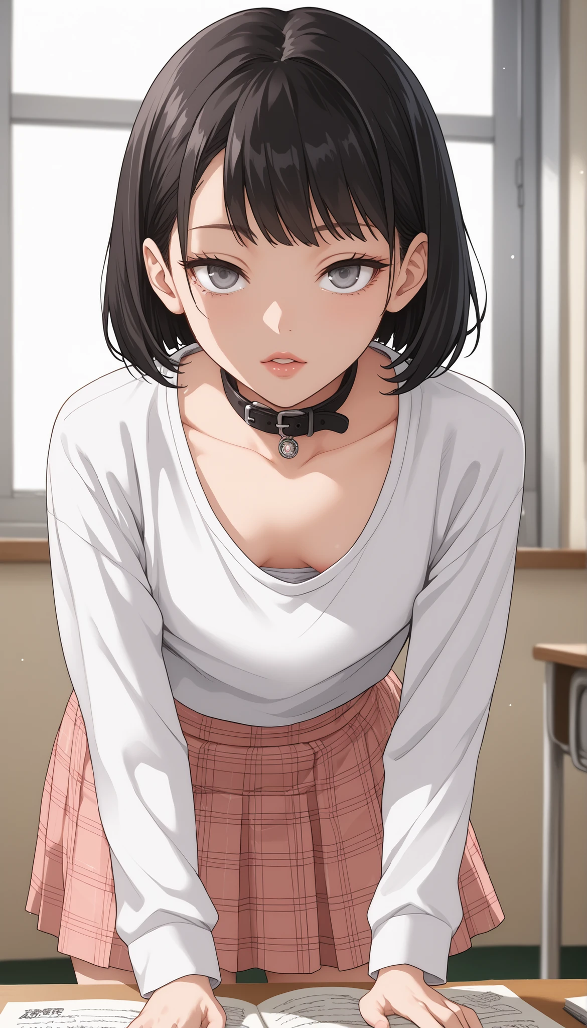 fraction_9, fraction_8_ up, fraction_7_ up, Source_Japanese Manga, (Japanese Manga cong, Japanese Manga screencap:1.2), Flat Color , smooth skin , (Small breasts),(Intensive),, brunette, grey eyes, short hair, with bangs, hollow eyes, lips, grey eyes, bob cut, black eyelashes , lower eyelids
plaid skirt, 条纹bow, bow, White Shirt, long sleeve, put in your shirt, beige skirt,underwear,fancy underwear, underwear模特 ,ä ¡,classroom,,extended Lower your collar, Lower your collar, very good, Pajamas, Bending over , loose clothes, , loose shirt, bend over, collarbone,