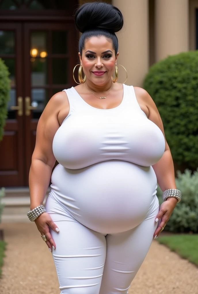 sexy curvy pregnant 18y.o. Latina in a (tight dress), huge perfect ass and , (massive heavy :1.5), wide hips, enormous ass, massive pregnant belly, cute thin face, big preggo belly, huge stomach, fat pregnant tummy