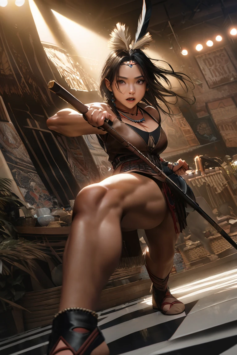 powerful kick、naked、pubic hair、female organ、loincloth、Boxer gloves、beautiful female boxer、brown hair up style、((whole body))、(((photo taken from below)))、waterfall、snow