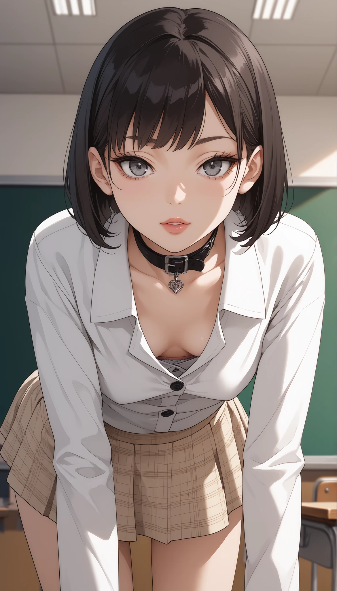  fraction_9,  fraction_8_ up,  fraction_7_ up,  Source_Japanese Manga,  (Japanese Manga cong, Japanese Manga screencap:1.2),   Flat Color ,   smooth skin ,   (Small breasts),(Intensive),, brunette, grey eyes,  short hair, with bangs, hollow eyes, lips, grey eyes, bob cut,  black eyelashes , lower eyelids
plaid skirt, 条纹bow, bow,  White Shirt, long sleeve, put in your shirt, beige skirt,underwear,fancy underwear, underwear模特 ,ä ¡,classroom,,extended Lower your collar, Lower your collar, very good,  Pajamas,  Bending over , loose clothes,   , loose shirt, bend over, collarbone,