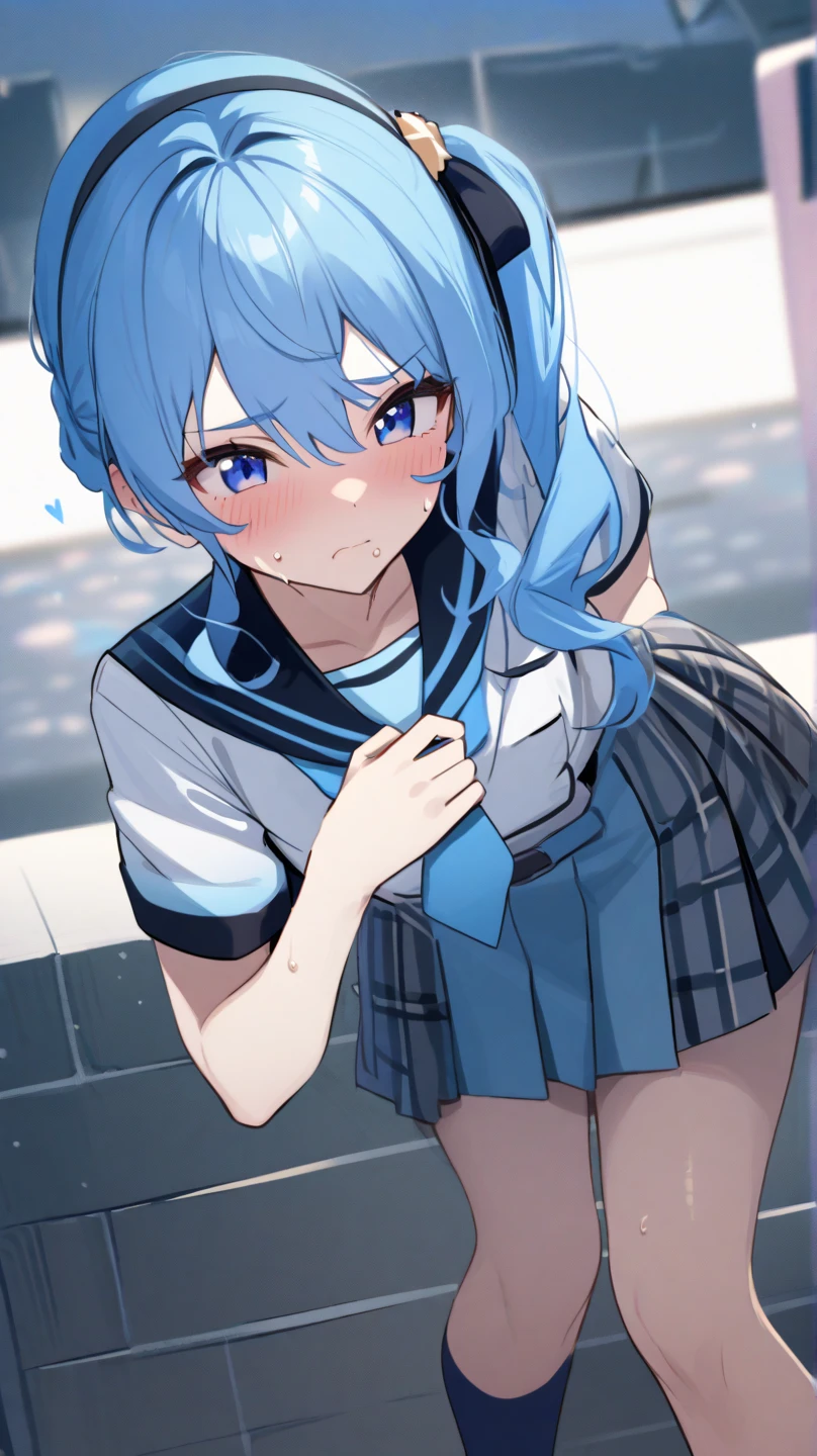 Blue hair, girly,  Half body Thigh face shy cat ears White stockings No background feet JK uniform wet open mouth