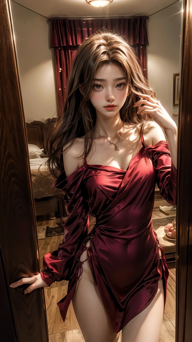 (Photoreal Stick:1.5, masutepiece:1.5, 8K), (top-quality, masterpiece, 超A high resolution), Perfect dynamic composition, Professional camera work:1.4, Highly detailed skin and facial texture:1.3, Mystical portrait:1.3, Grow Light Effect, The ultra-detailliert, 1girl in, ((Night view from inside the building, Pitch black room:0.9, The moonlight at night shines through the glass)), (light red nightgown), Model body type, Clear face, (Beautiful and seductive eyes:0.9, Enraptured look:1.0, i love you completely:0.8, A mouthfeel that feels beautiful eros:0.7), (Wet dark brown medium hair), the chest is medium, a necklace, (Leaning against the window, Sit up), ((seductiv))