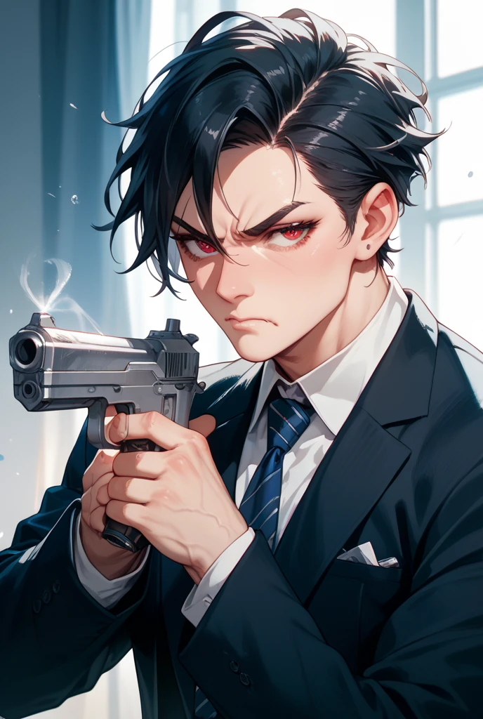 suit、male、An illustration、Handsome、Beautiful、Black Hair、Outer Honeycomb Hair、Double Happiness Earrings、Tassel earrings、The earrings are red、Silver Eyes、tall、Slender、gun、tobacco、Straight face、White gloves、The background is a skyscraper、Long bangs、Don't pull up your bangs, idiot、Slanted Eyes