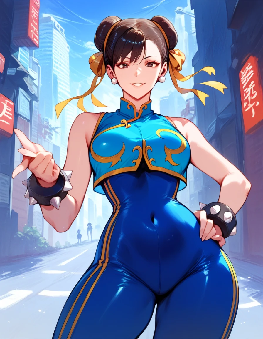 woman in her 20s, chunlims, (perfect face), defined jawline, beautiful brown eyes, beautiful lips, (short brown hair, hair bun, double bun), (perfect anatomy), (athletic body), (sexy), (thick thighs), (perfect hands), (blue cheongsam), tight blue track pants, spiky bracelets, looking at viewer, (medium full shot photograph), (fighting arena background), realistic