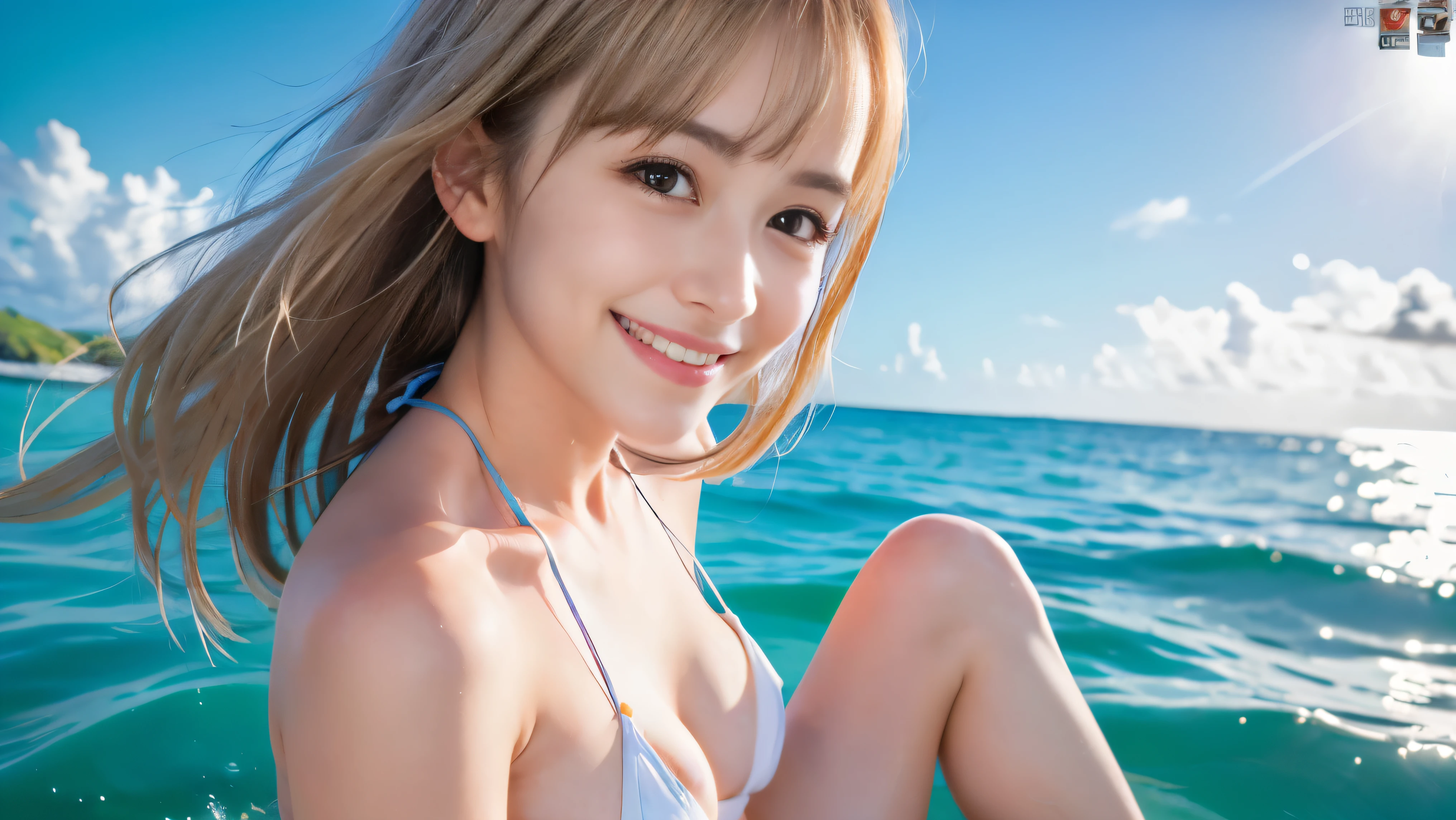 One girl, Small breasts,, (8k, RAW Photos, highest quality, masterpiece:1.2),(Realistic, photo-Realistic:1.37),Very delicate and beautiful,8k,In detail,Beautiful fine details,highest quality,Ultra-high resolution,((Very detailed)),(photo-Realistic:1.37),(((Long Hair)))、((double eyelid))、right eye:((Mole on outer corner of eye))、((Narrow waist))、(slender)、((Tear bags))、((Ocean))、Swim ring、Small area micro bikini、Various gravure poses、(((Blonde)))、smile、