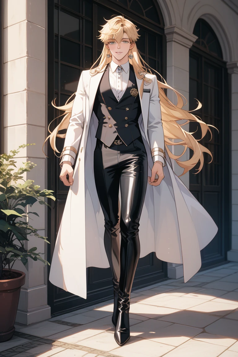 (masterpiece:1.3), (absurdres:1.3), (best quality:1.3), (ultra-detailed:1.3), 1girl, full body, looking at viewer, smile, standing, outdoors, hand on back, akirafi, halo, long hair, white gloves, long sleeves, white shirt, white pantyhose, white pants, belt, white coat, open coat, cat tails, high heels, <lora:akirafi-13:1>