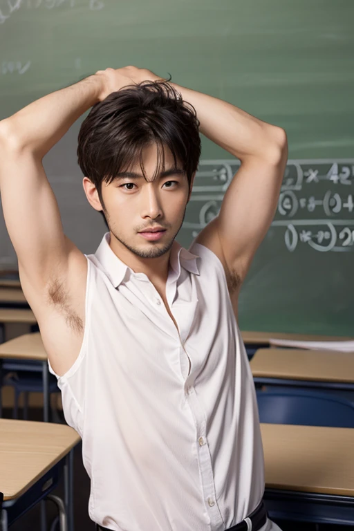 fluffy chest, very dirty floor, very wet body, Hairy stomatch, very hairy abs, Very bushy hairy armpits, hairy pubic, hairy crotch, Pulling off his white shirt, Super Realistic photography, PROUDLY SHOWING OFF HIS BODY, white uniform shirt, UNIFORM, Cute teen student pulling off his uniform shirt showing off his sexy chest, NO PANTS, CLOSED UP DETAILED, sexy student, pulling off his thong showing off his hairy crotch, ABS EXPOSED, crowded classroom, wearing socks, pantless just wearing soaked white micro undies, Showing off his very hairy armpits, Slim fit body, teenager body, Shota, very cute boy face, 17 years old boy, Very young teenager boy, Amazing classroom scenery, in the middle of Crowded classroom, dickprint, Sweat dripping all over the body, Proudly showing off his sweaty very hairy armpits to student in the classroom, The colors are bright and vibrant, enhancing the overall aesthetic. The lighting is soft and natural, casting a soft glow on the boy, don't merge body's, detailed eyes and lips, sixpack and fit body. Image quality is of the highest standard, with ultra-detailed features and a realistic appearance.