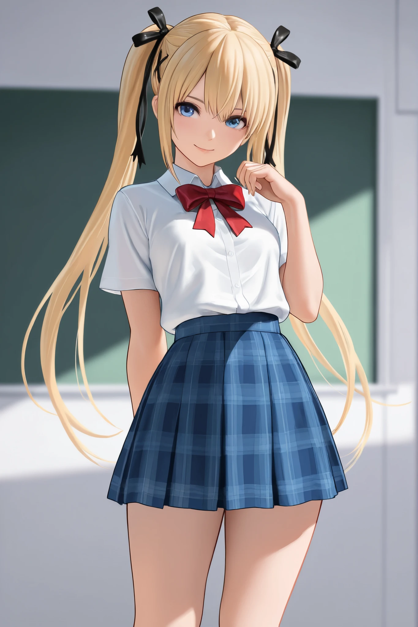 (8K、Highest quality、highest quality、masterpiece)、Detailed face、One girl、Blonde、Long Hair、Wavy Hair、light blue eyes、Earrings、evil smile、((Grin))、Pink Lipoderate chest、((White shirt))、Short sleeve、((Black pleated skirt))、((skirt lift))、((black and white stripe panties))、Cowboy Shot、Classroom Background