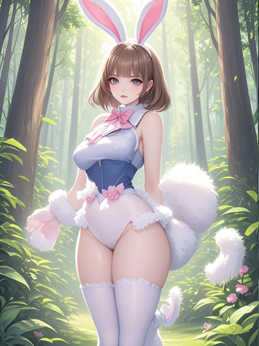 Ochaco Uraraka, 1girl, anime, hair cafe, short hair, sexy, big aass (best quality: 1.3), (4K quality), best quality, high resolution, detailed, (detailed face: 1.2), (detailed eyes: 1.2) , (Figure perfect: 1.2), looking at viewer, (1 girl), boku no hero academia, rabbit ears, woman)), sleeveless, white gloves, white leotard, fur collar, purple thighs, white background, leotard white, mirko costume, big ass, back