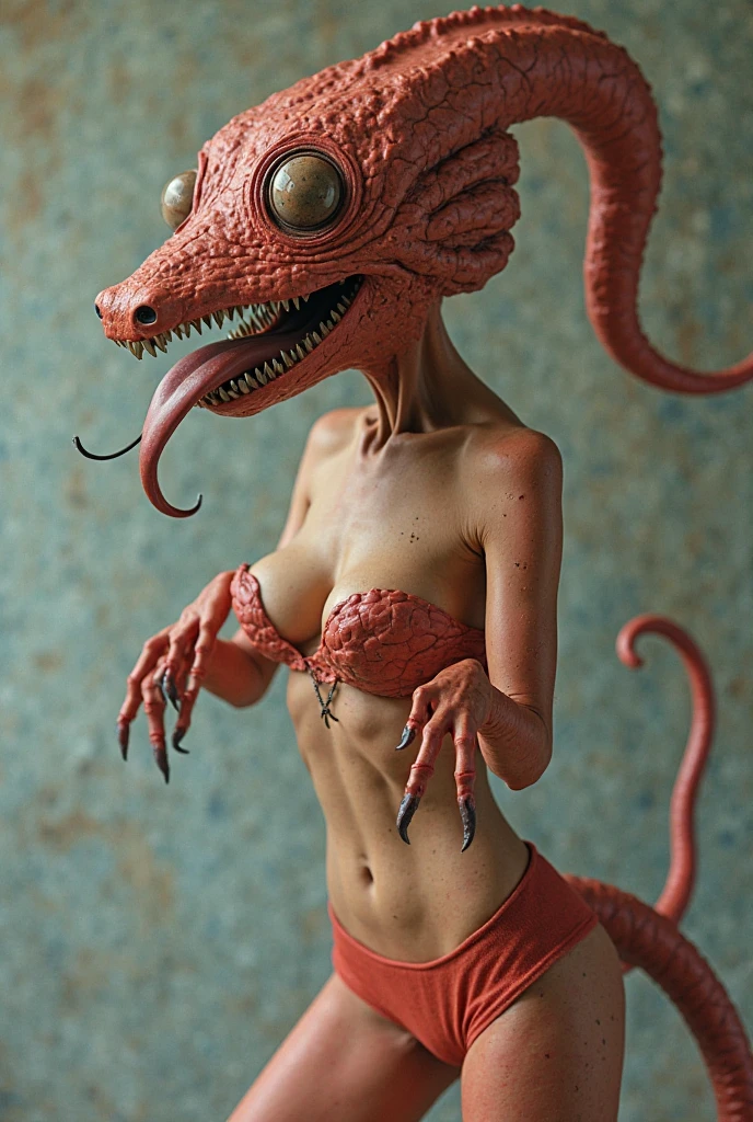 one girl, elf ears, , pure, cute naked, topless, a Woman alien mix, human Body, big tits,   shed skin, alien nose but the Rest of the face ist human, big eyes, full black eyes, hybride  50 %night elf and  50 % human, face mostly woman,  shed kin at Body Arms and shoulders and neck , full black Iris, slender No clothes,snake shed skin, pink skin, fat lips, bimbo lips, tail, fangs,snub nose, Reptile skin, big tits, big ass, slim waist,full naked