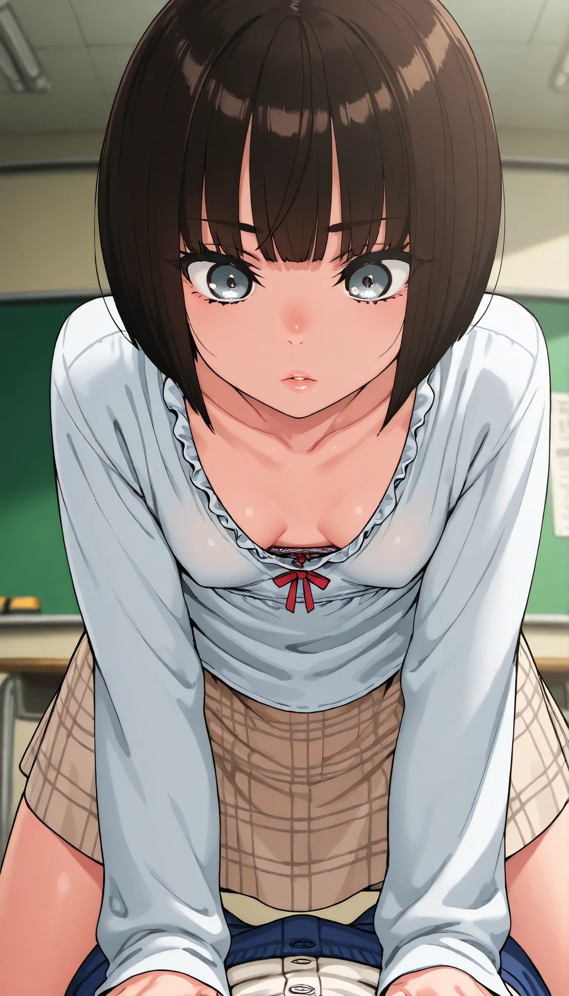 fraction_9, fraction_8_ up, fraction_7_ up, Source_Japanese Manga, (Japanese Manga cong, Japanese Manga screencap:1.2), Flat Color , smooth skin , (Small breasts),(Intensive),, brunette, grey eyes, short hair, with bangs, hollow eyes, lips, grey eyes, bob cut, black eyelashes , lower eyelids
plaid skirt, 条纹bow, bow, White Shirt, long sleeve, put in your shirt, beige skirt,underwear,fancy underwear, underwear模特 ,ä ¡,classroom,,extended Lower your collar, Lower your collar, very good, Pajamas, Bending over , loose clothes, , loose shirt, bend over, collarbone,