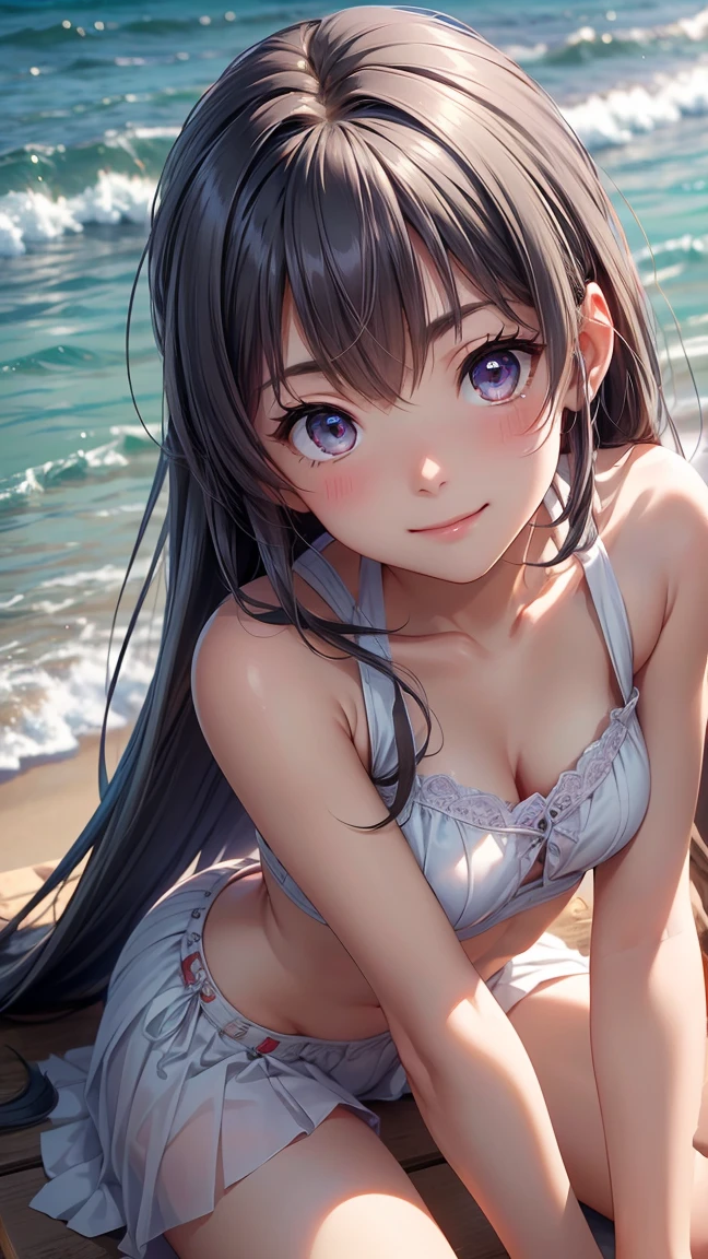 (best quality,4k,8k,highres,masterpiece:1.2),ultra-detailed,(realistic,photorealistic,photo-realistic:1.37),HDR,UHD,studio lighting,ultra-fine painting,sharp focus,physically-based rendering,extreme detail description,professional,vivid colors,bokeh,portraits,anime,photography,pink tones,warm sunlight lighting 1girl, solo, detailed eyes, detailed lips, extremely detailed eyes and face, long eyelashes, long dark blue hair in a ponytail with side bangs, headphones, two piece rainbow bikini and sandals, beach party background, sitting at a table
