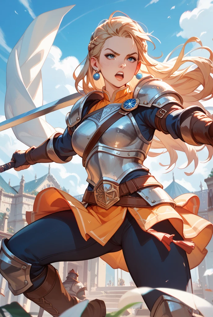 female warrior, long white hair, golden eyes, dynamic pose, wearing Victorian-era armor, ((background: a sky full of clouds))