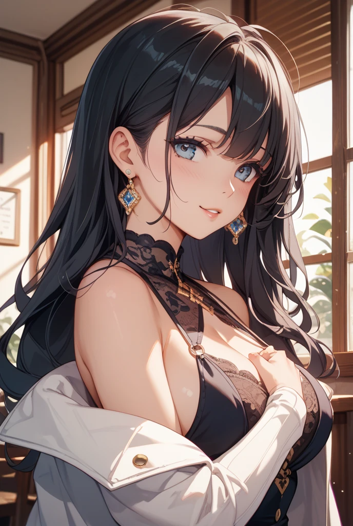 (masterpiece, top quality, very aesthetic, 4k、8k、illustration), intricate detail, 1girl,Standing 、(upper body)、clear face、()、
Cute 、black hair、,middle hair,sidelock ,,blue eye、casualClotheedium breasts、Slim 、