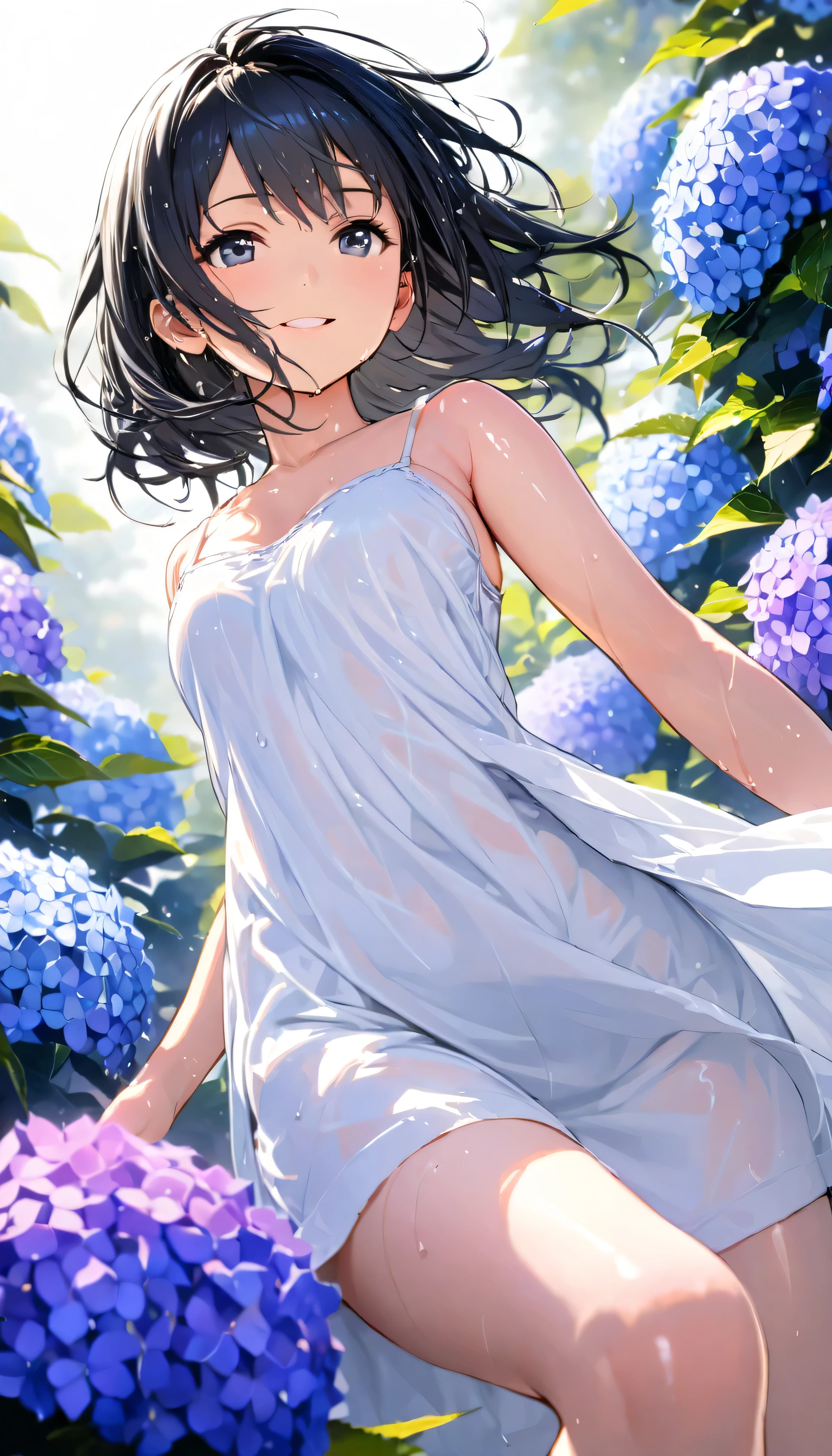 best quality,masterpiece,1girl,solo,(((NSFW))),(((9years old))),japanese girl,an extremely cute and beautiful girl,highly detailed beautiful face and eyes,petit,cute face,lovely face,baby face,shy smile,show teeth,black hair,medium short hair,Hairless pussy,flat chest,skinny,slender,(((wearing a wet transparent white mini baby-doll dress))),(((standing in a flower garden))),she is looking at the viewer,hands lift up dress,(upskirt above the waist:1.1),(no panties:1.1),(legs spread wide:1.1),(no bra:1.1)