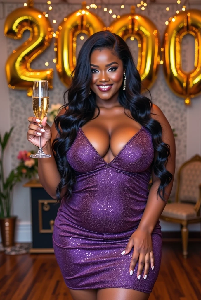 (Maintain the face of the previous prompt) An ultra hot young beautiful African woman, age 19, black curly hair, height 5′ 6″. at her birthday celebration, in a glittering gold mini dress with black ankle strap heels and a black clutch, celebrating her 20th birthday, outdoor birthday party, balloons, birthday decor, cleavage, Perfect anatomy, perfect hair, perfect breast, perfect body, perfect hands, perfect face, totally realistic, human skin, perfect, wide hips, thick thighs, big ass, UHD, laughter expression, at night