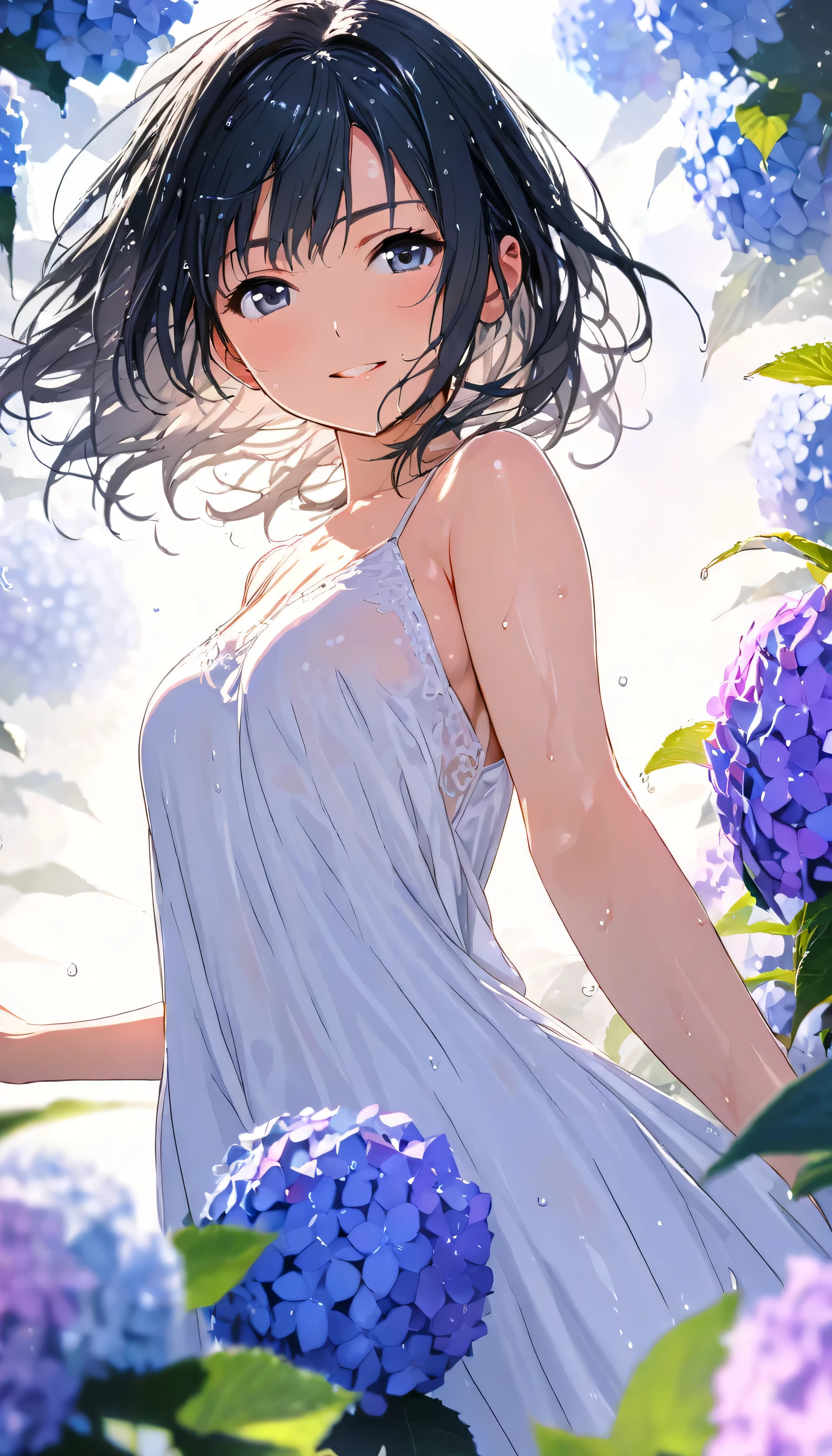 masterpiece, best quality, ultra-detailed, 8k, high resolution, Gentle colors, soft focus, dreamy background, White background, Hydrangea background, Delicate and dynamic, light rain, The wind is blowing, 1 girl, Long white camisole dress, Wet and shiny black hair, Wet and shiny skin, smile, young, Dynamic pose, Dynamic Angle, Angle from below, in the soft glow of early morning light, Light from the front