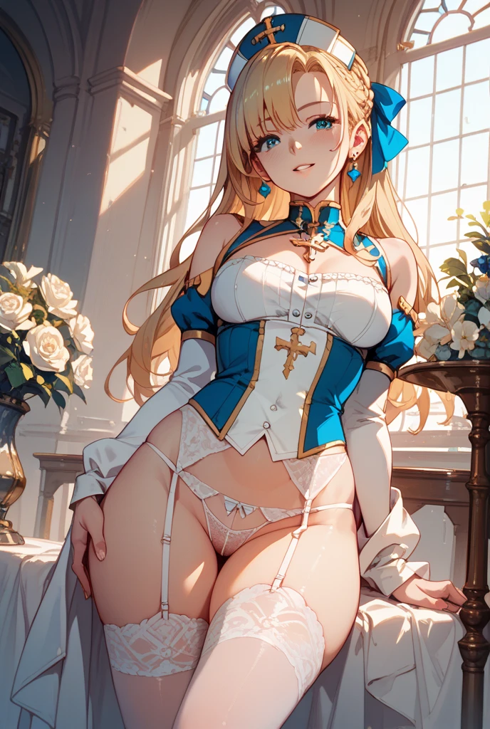 highest quality、Ultra-high resolution、Anatomically correct human body、Perfect human body、Clear lines、Two Arms、Two legs、((Five Fingers))、Delicate fingers、Low angle shot:1.5、((Showing panties:1.5))、((Light blonde hair:1.4))、((White sexy silk panties))、((Her tiny thong panties are tucked between her legs))、((Panties close up:1.4))、((Very large firm breasts:1.6))、((Gold sexy lingerie made from the finest silk:1.5))、Twin tails up to the waist、Delicate hair type、fluffyの髪、Curly Hair、Silk maid outfit、Maid clothes with wide open chest、White silk knee socks、A cute and beautiful face down to the last detail、(PurerosFace_v1:0.008)、eyeliner、blush、Embarrassing、Glare、 Glossy lips: 1.4, impatience、Panty Appeal、Panties close up:1.3、blush、Open your knees、Spread your legs、Disheveled clothes、Bright green eyes、Cute ribbon、Shiny gold leather high heels、Stiletto heels、transparent、Glowing White Skin、Sweaty chest、Bell earrings、Shining bright colors、Clear contours、Floral Hair Accessories、Small white gloves made of thin silk、stylish、kind、soft、High-end furniture、stylishな編み込み髪、Scrunchies on the wrist、Ribbon with bell around neck、Big eyes、Silky smooth texture、Color unification、Luxurious canopy bed、garter belt、Droopy eyes、Light blush on the cheeks、Put one hand over your mouth、Midday sunlight filtering through lace curtains、Bright interior、happiness、はっきりとしたBig eyes、Bright expression、M-shaped foot、Arabic style columns、Tilt your head、Laugh gently、非常にDelicate fingers先、Detailed and vibrantly colored floral wallpaper、Tea set、A small gold watch on one wrist、The leather corsets、Eyes that shine like jewels、Symmetry in clothing and accessories、fluffy、Finest Silk、attractive appearance、Plaid、明るいピンクColor unification感、Emphasizing the depth of the human body、Sharp camera angles、See-through、フリルの付いたfluffyの可愛い白いエプロン、