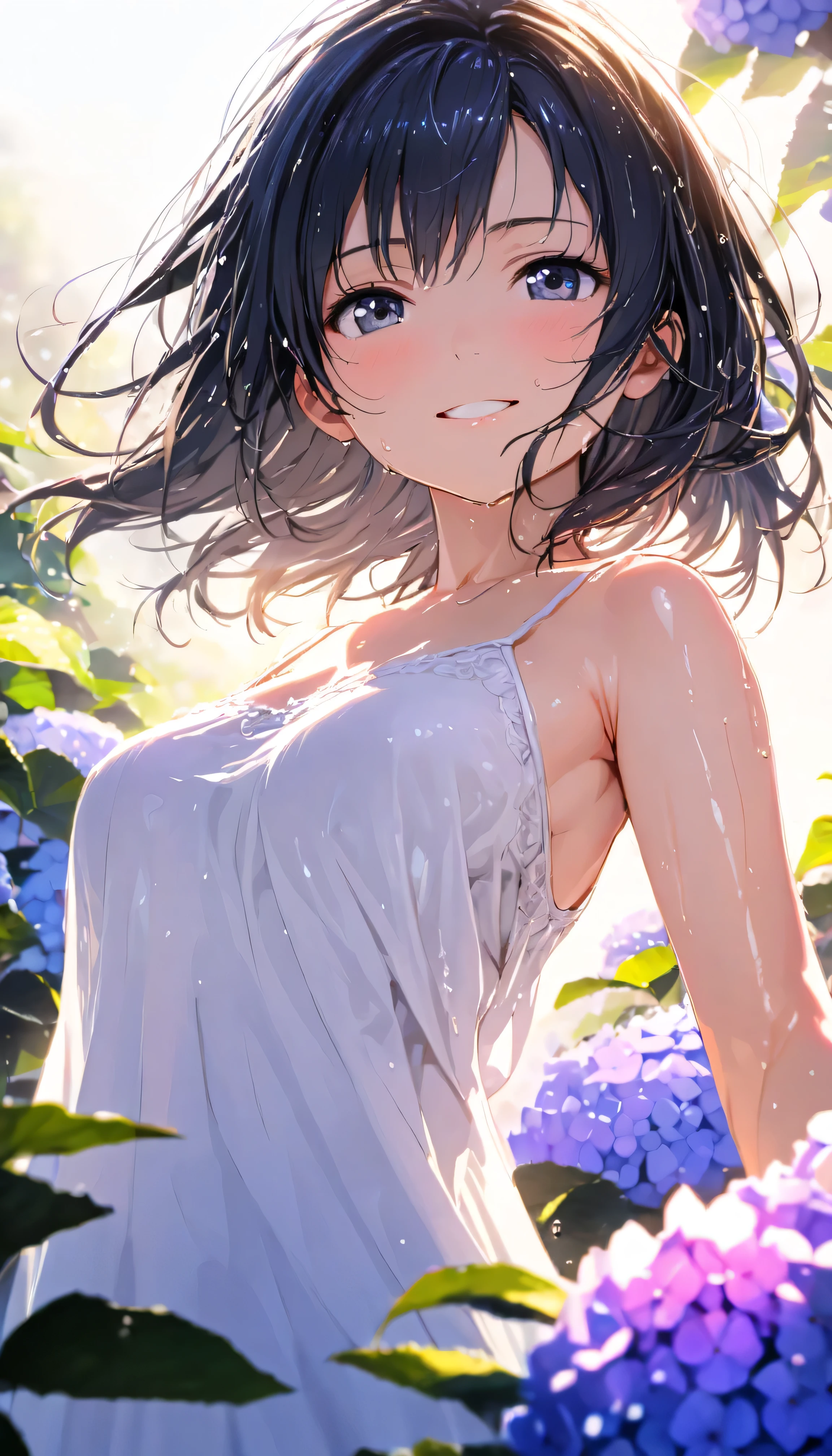 masterpiece, best quality, ultra-detailed, 8k, high resolution, Gentle colors, soft focus, dreamy background, White background, Hydrangea background, Delicate and dynamic, light rain, The wind is blowing, 1 girl, Long white camisole dress, Wet and shiny black hair, Wet and shiny skin, smile, young, Dynamic pose, Dynamic Angle, Angle from below, in the soft glow of early morning light, Light from the front