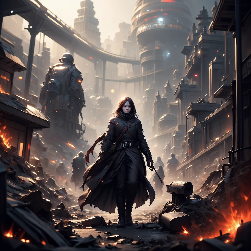 one fair-haired young woman stand on the road in the center of the image of post-apocalypse city, japanese sword in her hands, dirty torn clothes, exploded cars, fire and smoke, epic detailes, rain, dark gray atmosphere, back shot, shot from below, cyberpunk, (greg rutkowski), anime style