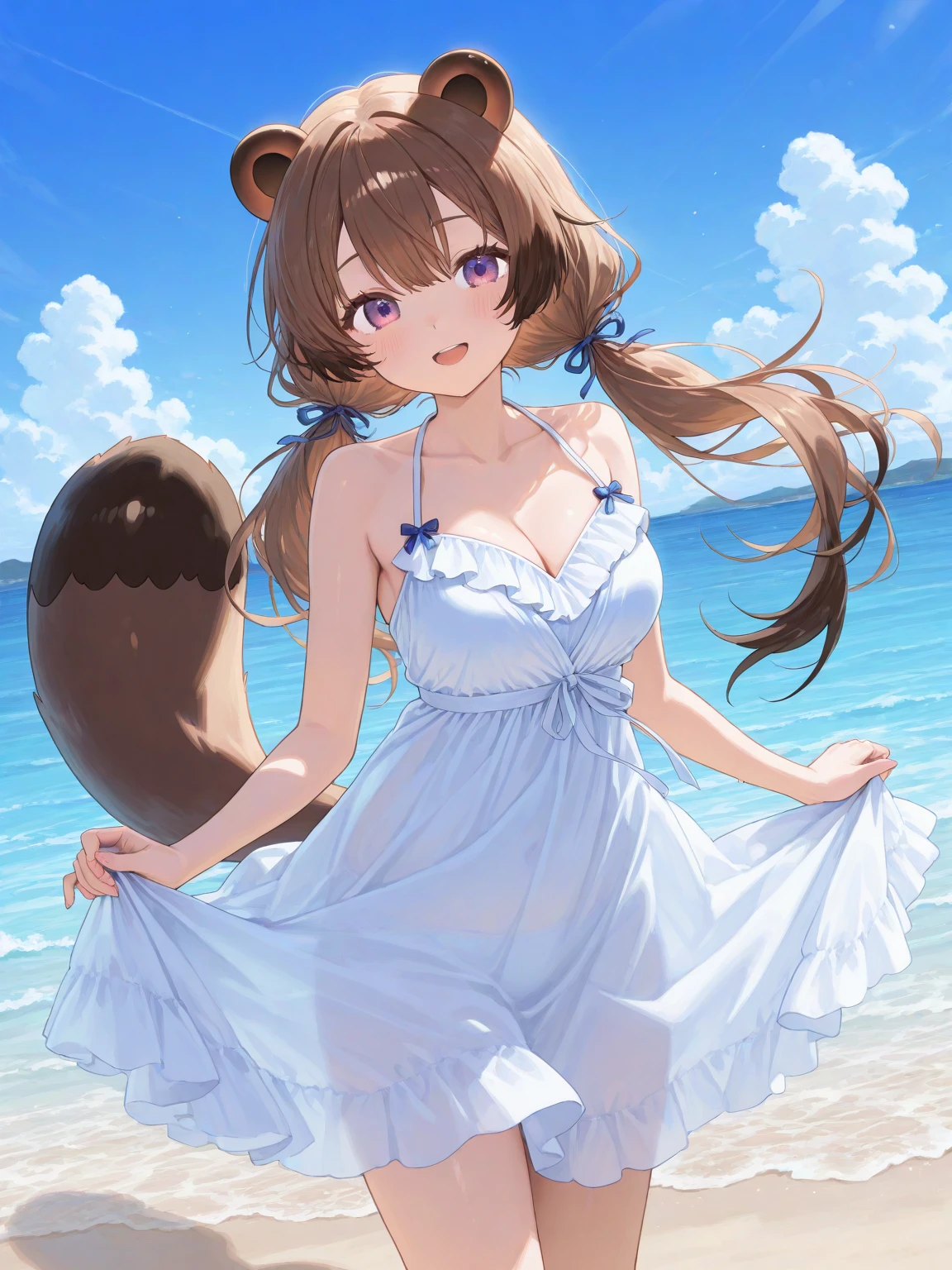 (Highly detailed CG Unity 8k wallpaper), (Best Quality), (Super Detail), (Best Illustration), (Best Shadow), POV, Realistic lighting and shading, Natural light, Lens flare effect, BREAK, 1 beautiful girl, Solo,(Cute:1.5),(Chibi:0.8), (kawaii:1.5),(Lori:0.5), BREAK, ( (17 years old girl), Very detailed, colourfull, highest details, BREAK, (Huge breasts: 1. 2,), Clear skin, Beautiful skin, Shy skin, 1 beautiful girl, Brown hair, (Cat ears, Ponytail, medium-Long hair: 1. 2), (Light blue eyes, long eyelashes, Double eyelids: 1. 2), Solo, gleaming skin, BREAK,(Wet Casual Beachwear:1.2), (lightweight summer one-piece dress:1.2), (a straw fedora hat:1.0), (flipflops:1.0), (star-shaped earring:1.1), (Lace headband:1.0), (Cute Accessories:1.3), (self-satisfied look :D:1.1), (Casual pose, Walking:1.3), (Beach background:1.3), (Holding a large float with both arms:1.1), BREAK,🌇,