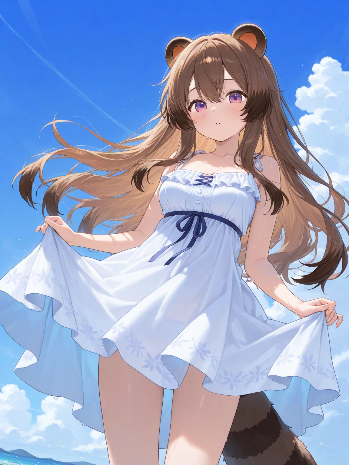 (animesque:1.3), Extreme refinement, 1girl in、Aloof look、A pure girl, , plain white dress, smock dress, babydoll dress, long wavy hair, brown hair, banfs, mysterious, blue eyes, innocent, pure, angelic shoujo, 2000’s anime style（) ( body) (very thin) (no curves)