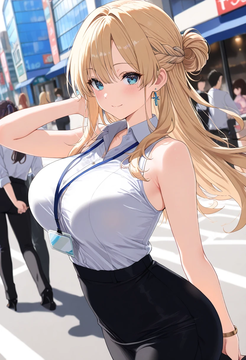 1woman,super beautiful,walk in the city,shocked expression, rainy, ponytail,half body photo,Focus on face,Beautiful eyes, very detailed face, HD face, perfect face,black t-shirt,black mini skirt,tennis skirt,Very big breasts,Blonde hair,long hair,bangs,blue eyes,ultra detail,ultra Hd, masterpiece,4k