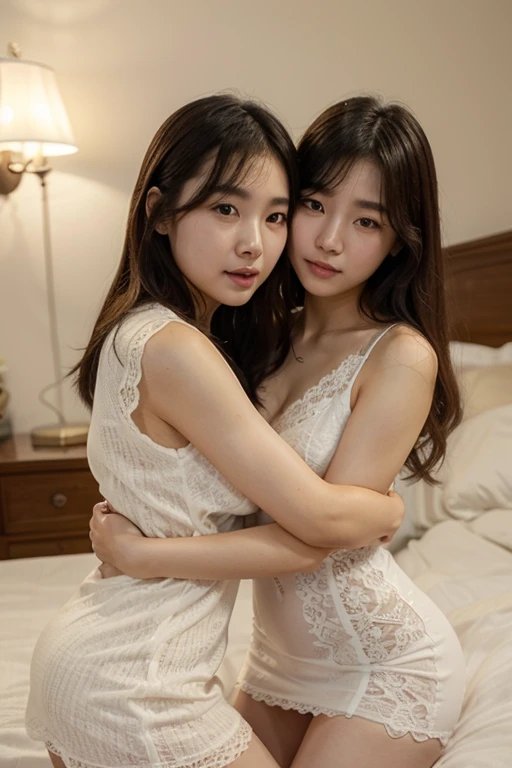 Realistic pretty Korean imouto, dark hair tied, erotic, sleeveless chemise white sheer deep slit, pokies, flat chest, small breast, thigh, groin, kissing and hugging sister during orgy, sweat, moist
